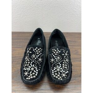 Beverly Feldman Black Suede Studded Loafers Moccasins Women's 6.5M